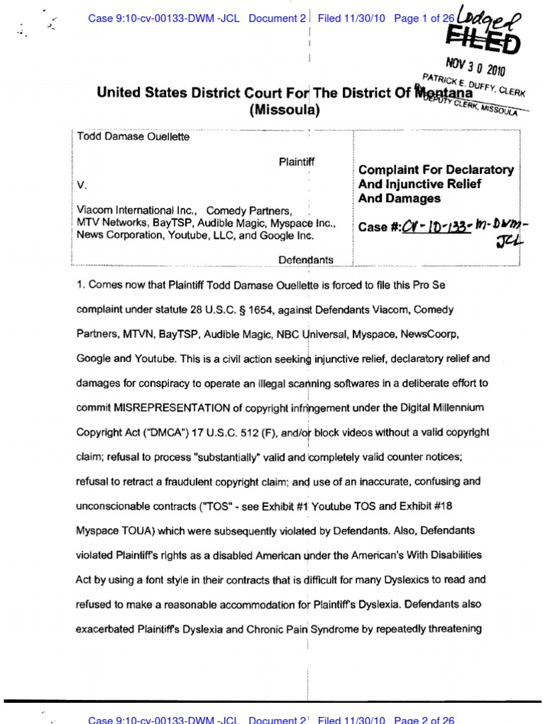 Ouellette V Viacom Complaint Online Copyright Infringement Liability 