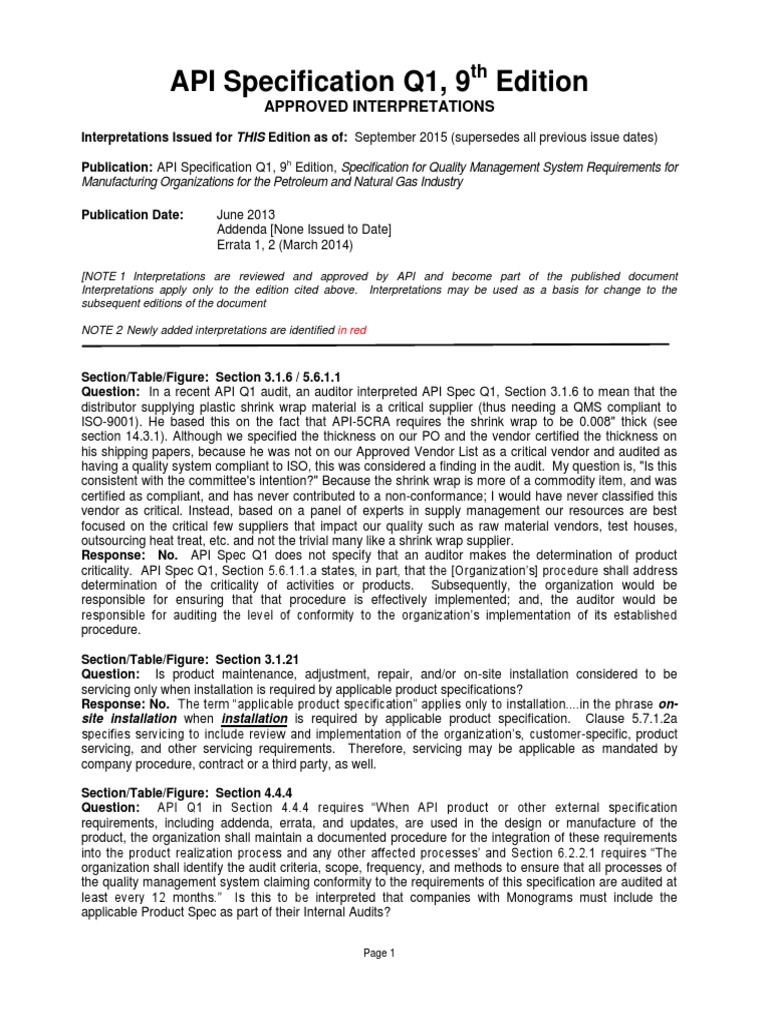 API Q1 Approved Interpretations | PDF | Verification And Validation ...