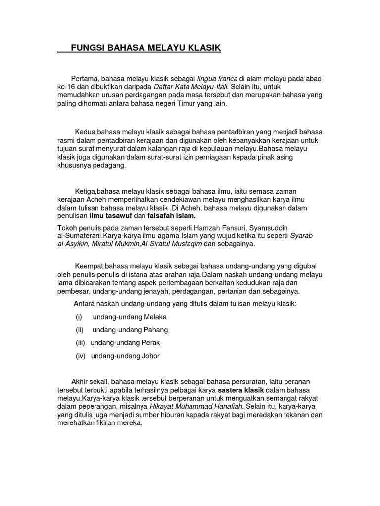 Bahasa Melayu Klasik Sebagai Lingua Franca Di Pdf