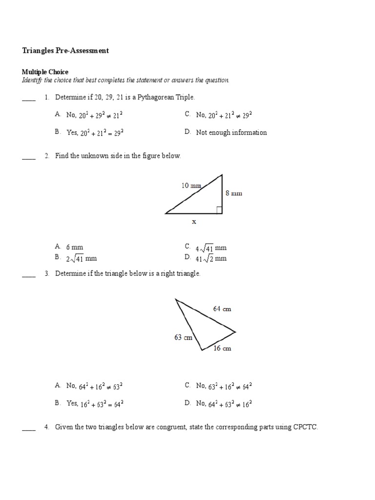 Triangles Pre Test MPWord | PDF | Euclidean Plane Geometry | Triangle ...