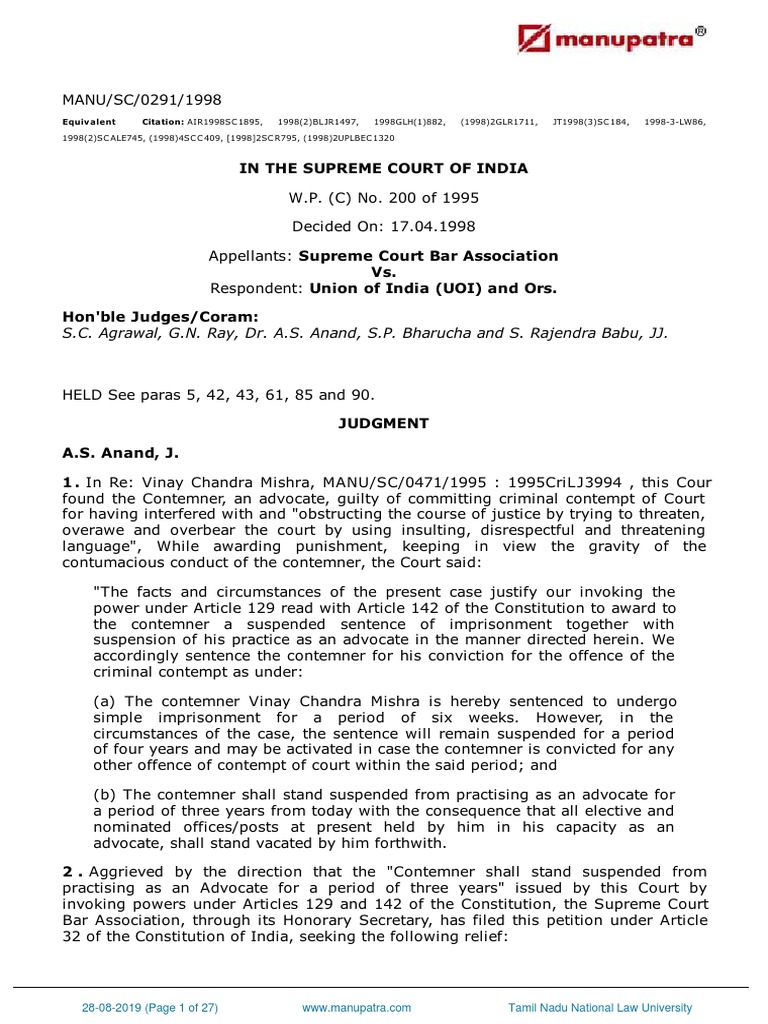 Supreme Court Bar Association Vs Union of India PDF Contempt Of Court