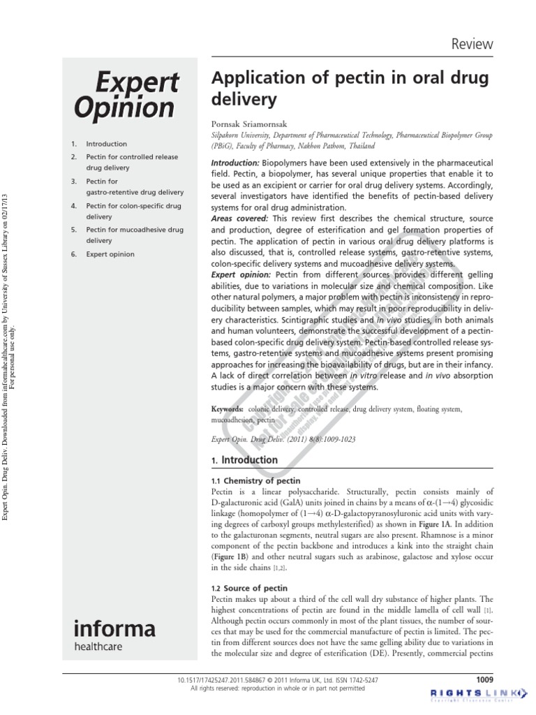 Application of Pectin in Oral Drug Delivery PDF Tablet (Pharmacy) Pharmaceutical Formulation
