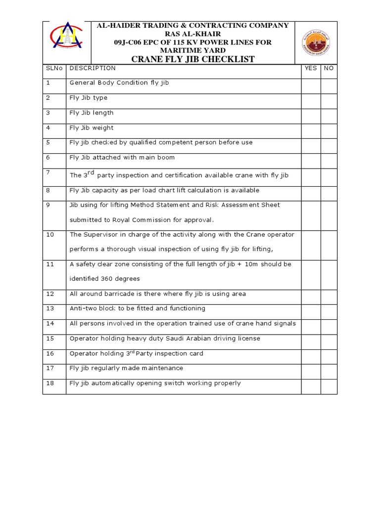 Fly Jib Crane Inspection Checklist | PDF