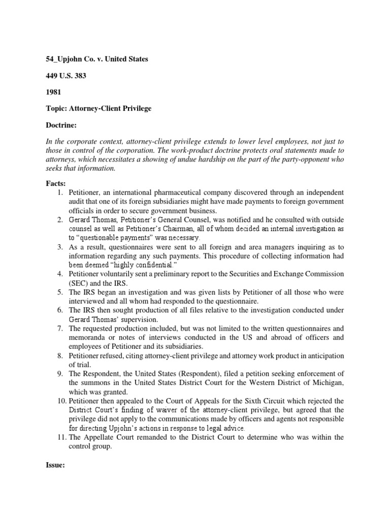 54 Upjohn Company v. US PDF AttorneyClient Privilege Discovery
