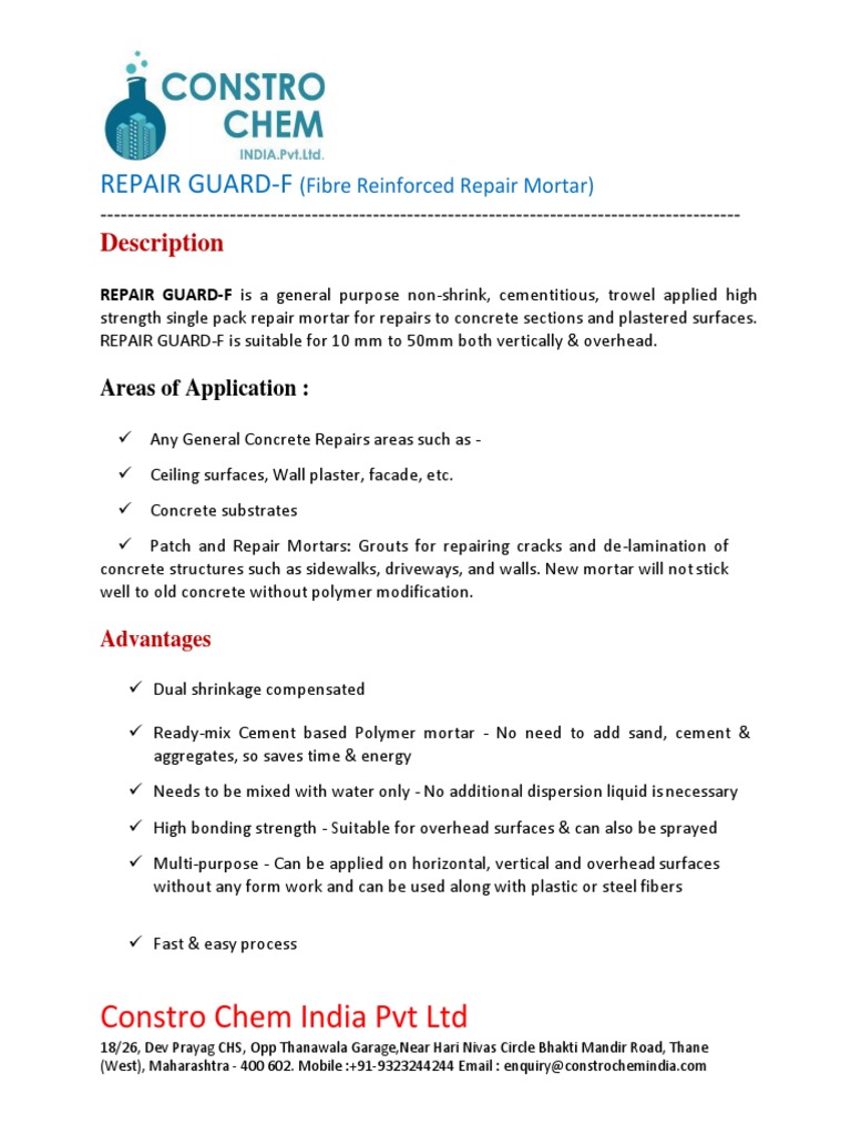 REPAIR GUARD-F: High Strength Mortar | PDF | Mortar (Masonry) | Concrete