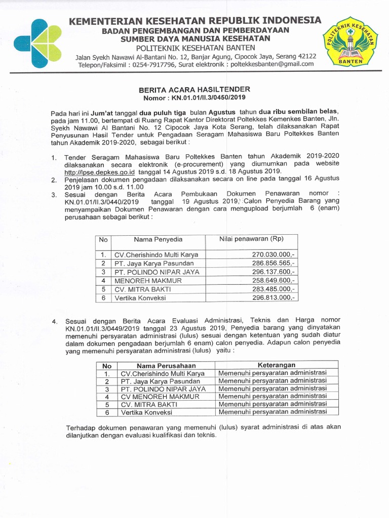 Ba Hasil Tender Seragam Mhs 2019 Pdf