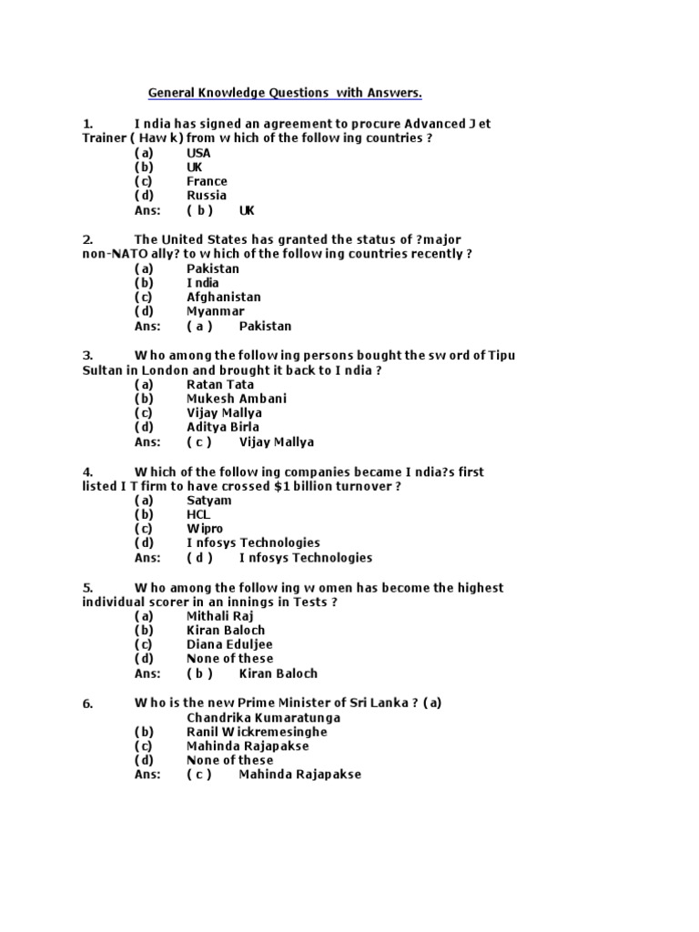 (PDF) General Knowledge Questions With Answers | PDF | Central Banks ...
