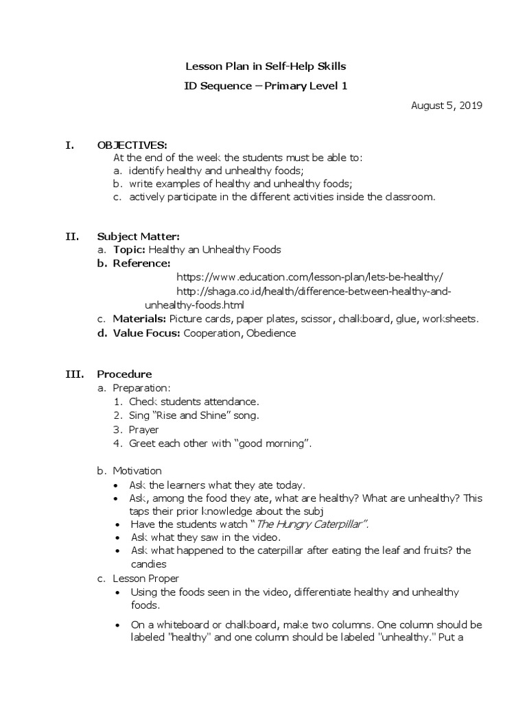 Healthy vs Unhealthy Foods Lesson Plan | PDF | Lesson Plan | Healthy Diet