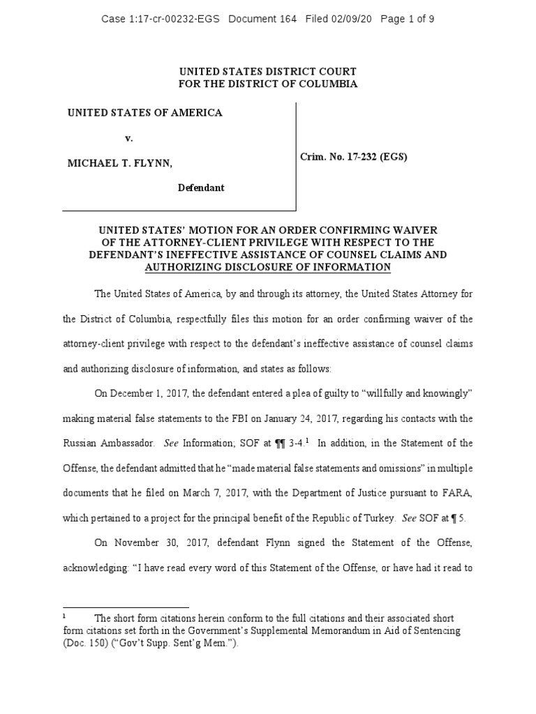 Flynn Govt Motion For An Order Confirming Waiver PDF Plea