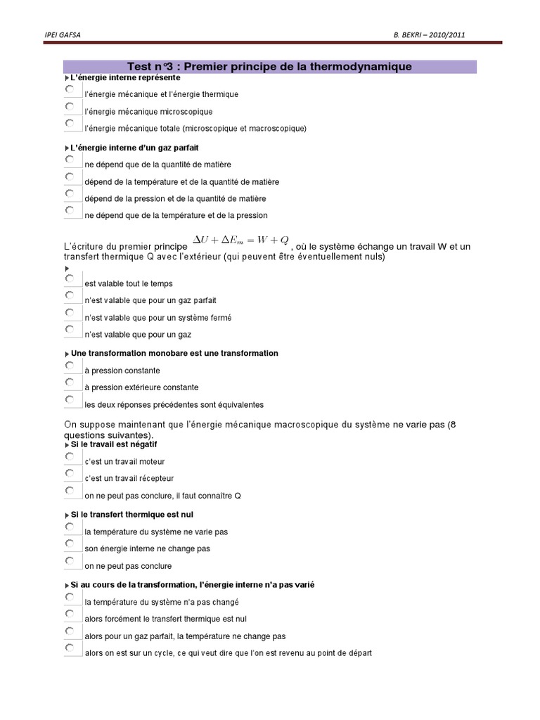 QCM sur le Premier Principe de Thermodynamique | PDF | Transfert ...