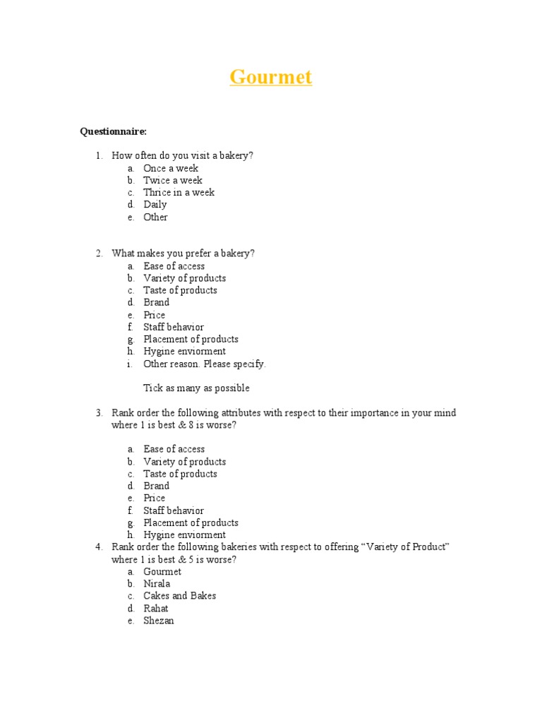 Questionnaire Updated Confectionery Bakery