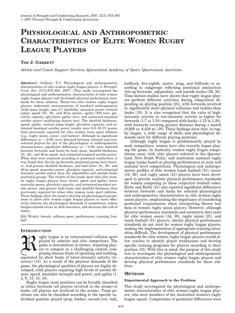 Elite Women Rugby League Player Profiles | PDF | Anthropometry | Sports