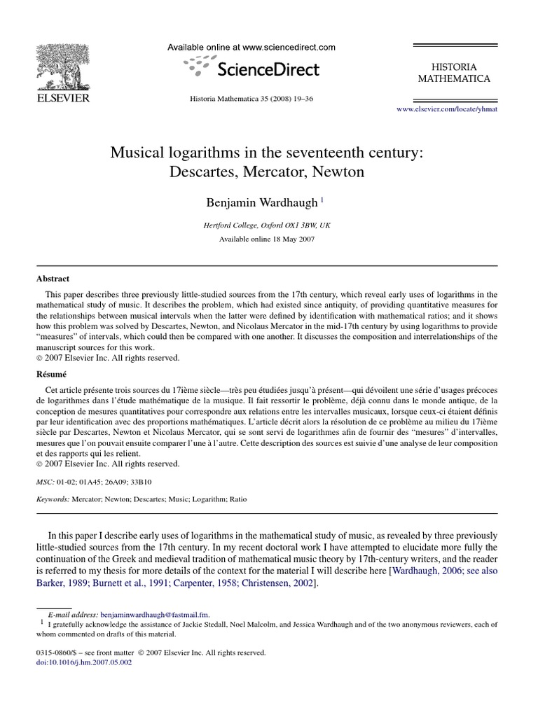 Musical Logarithms in The Seventeenth Century Descartes, Mercator