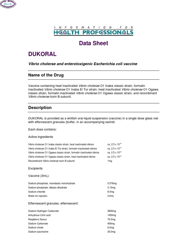 Dukoral Vaccine Data Sheet PDF Cholera Drugs