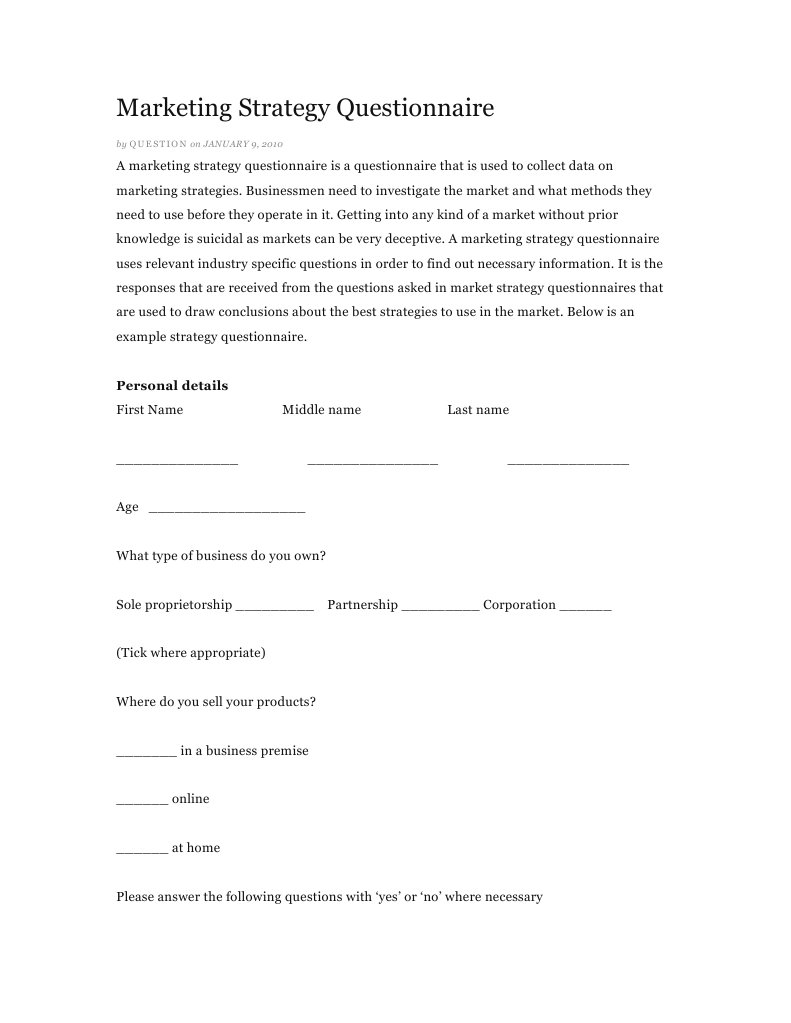 Marketing Strategy Questionnaire Marketing Questionnaire