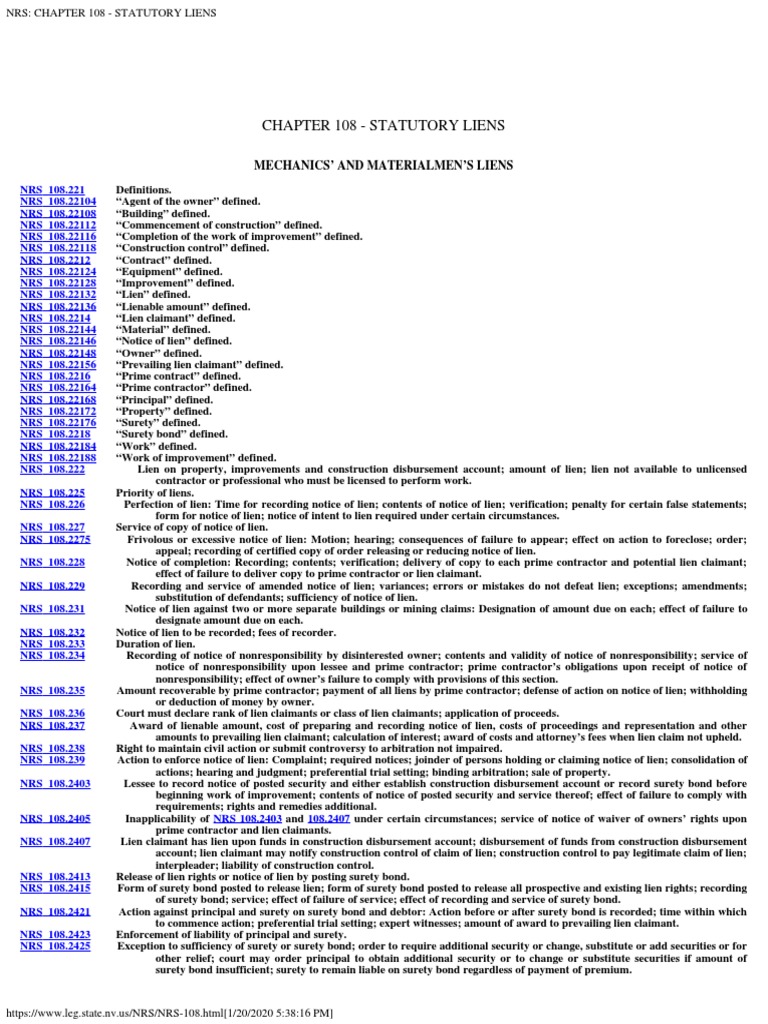 Nrs Chapter 108 Statutory Liens PDF Lien Foreclosure