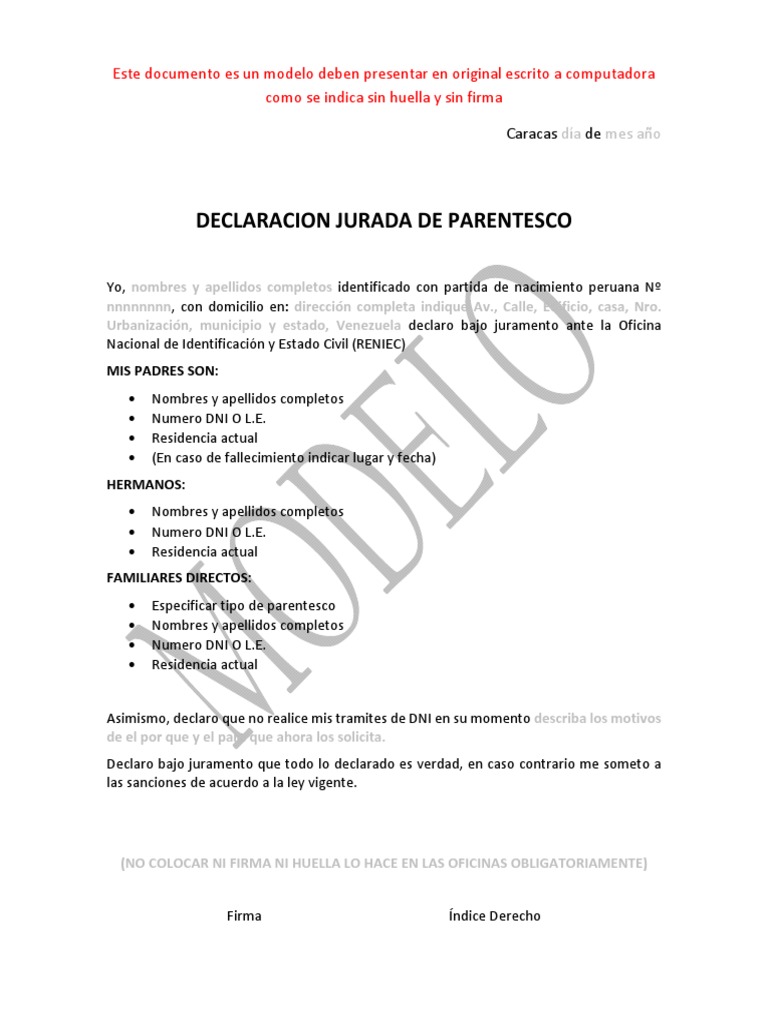 Modelo de Declaración Jurada de Parentesco | PDF | Derecho