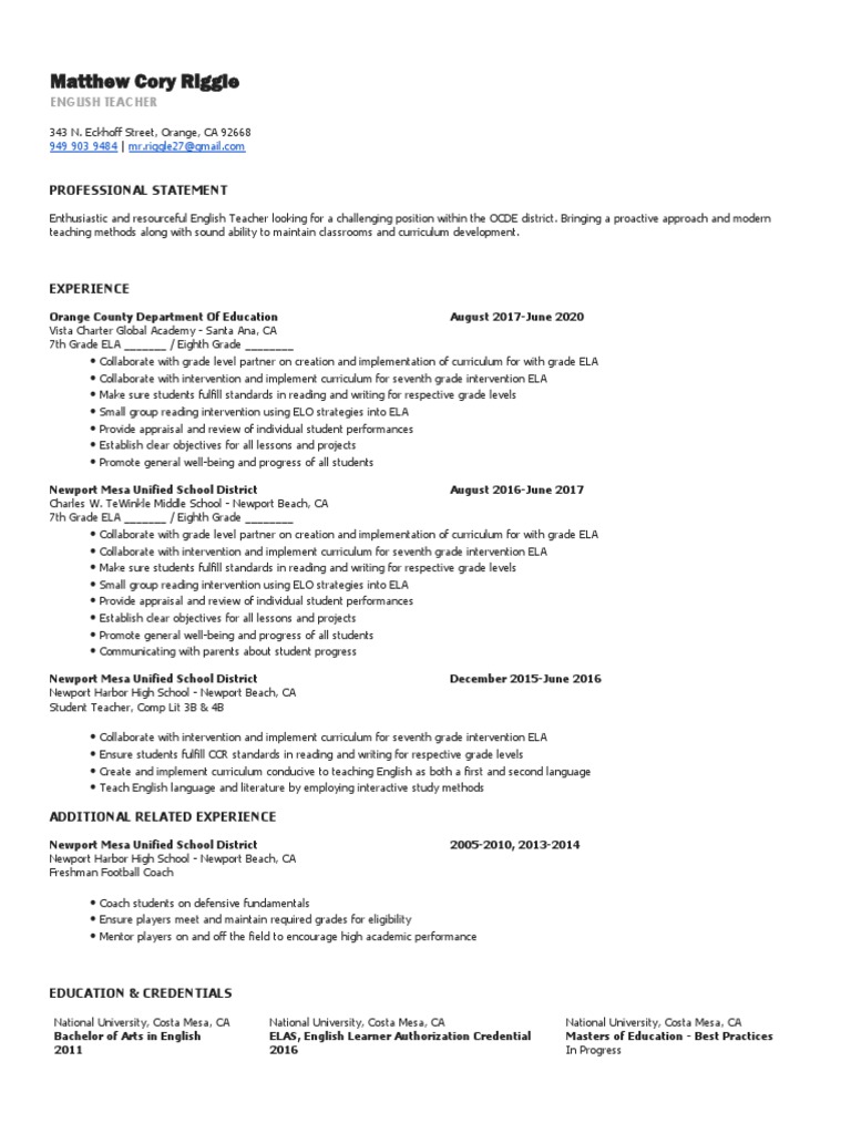 Matthew Cory Riggle-Resume 2 | PDF | Curriculum | Literacy