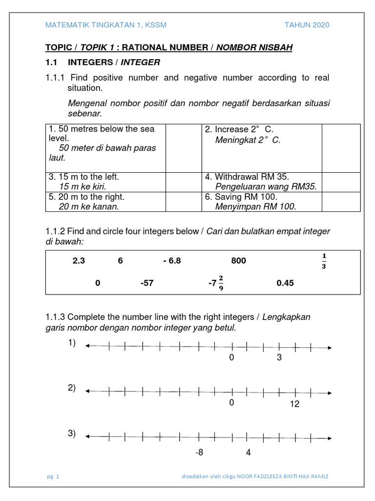 Kerja Rumah Matematik Tngkatan 1 Kssm Bab 1 1 Dan 1 2 Pdf