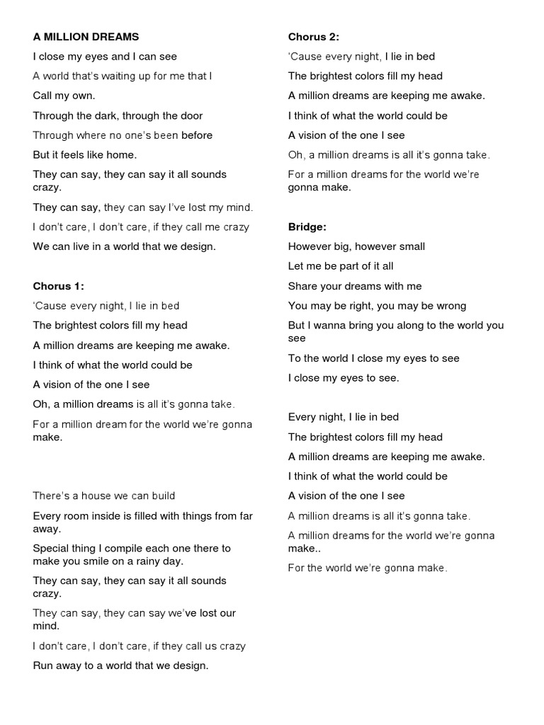 A MILLION DREAMS Lyrics | PDF