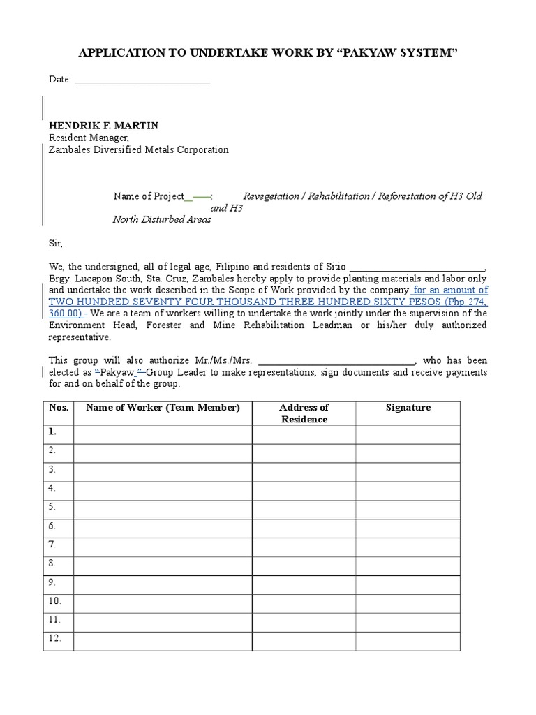 Application To Undertake Work by Pakyaw System and Pakyaw Agreement ...