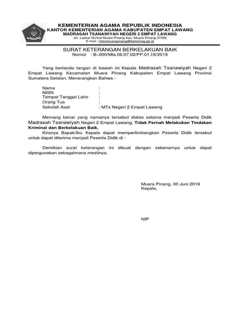 Surat Keterangan Kelakuan Baik Mts 2019