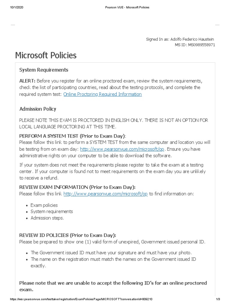 Pearson VUE Microsoft Policies PDF PDF Test (Assessment) Computing
