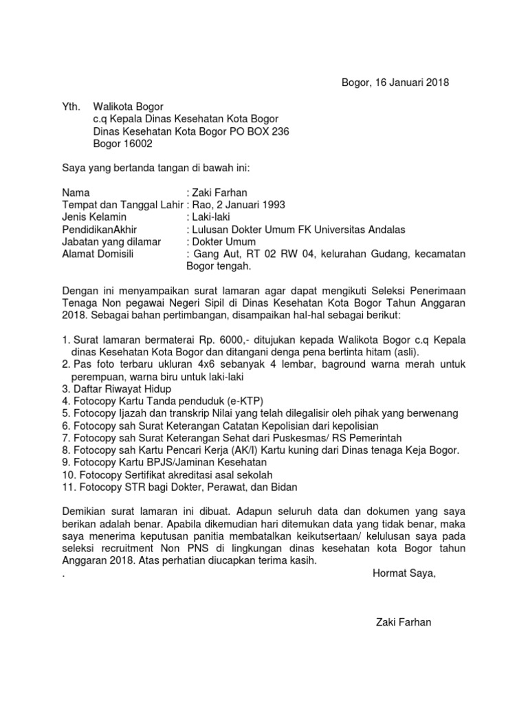 Surat Lamaran Zaki Non Pns Pdf