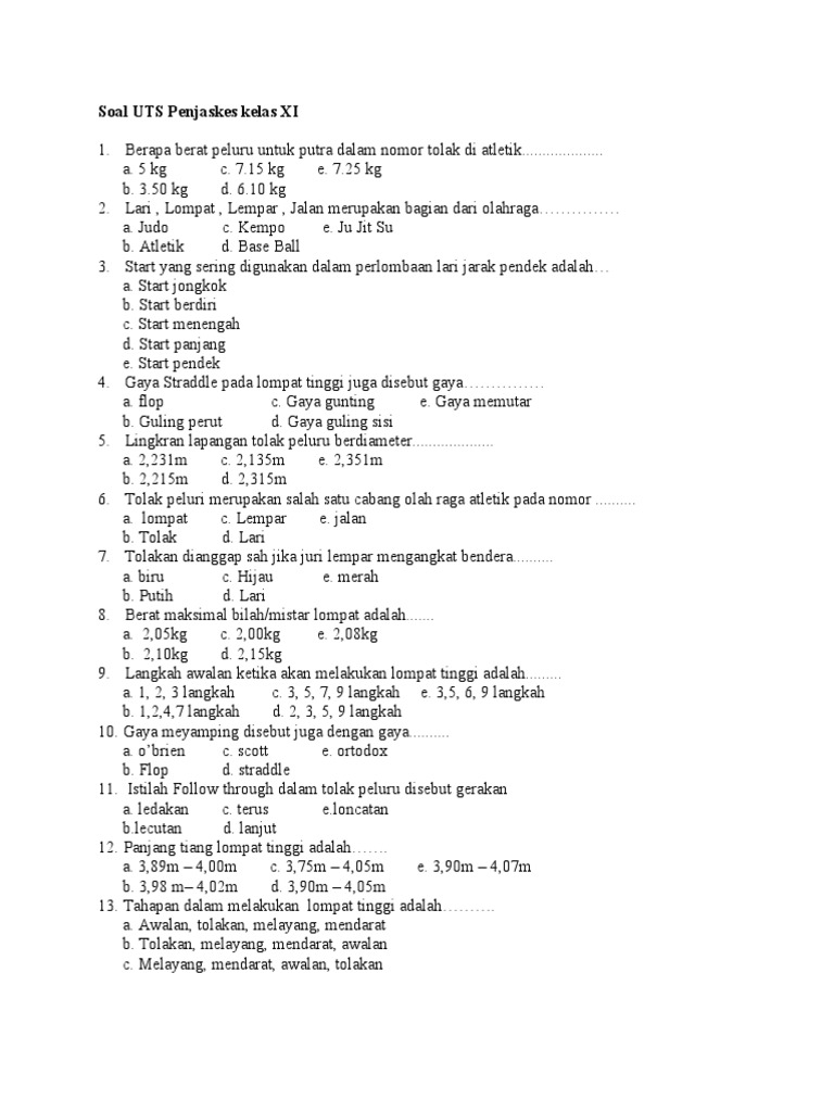 Soal Uts Penjaskes Kelas Xi