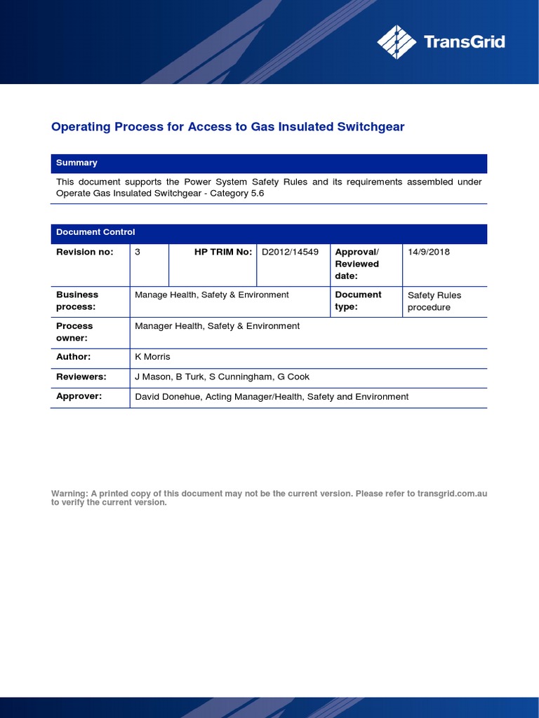 Operating Safely with Gas Insulated Switchgear Procedures for