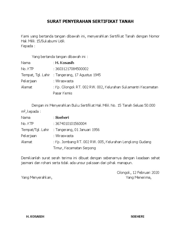 Surat Penyerahan Sertifikat Tanah | Pdf