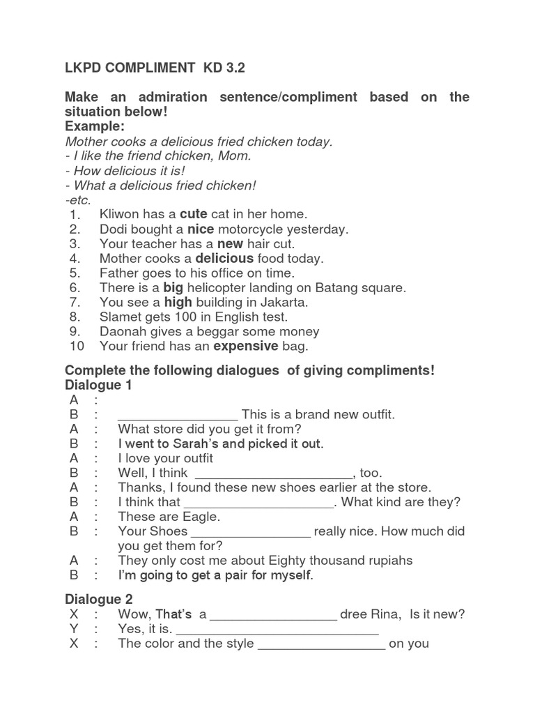 Compliment Dialogues and Exercises | PDF | Career & Growth | Language ...