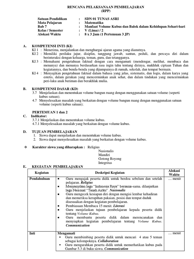 Rpp Matematika Kelas 5 Semester 2 Docx