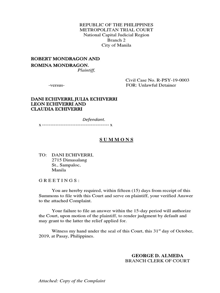 Unlawful Detainer Summons Manila Case | PDF