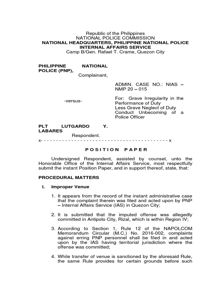 PNP Position Paper on Misconduct Case | PDF | Affidavit | Complaint