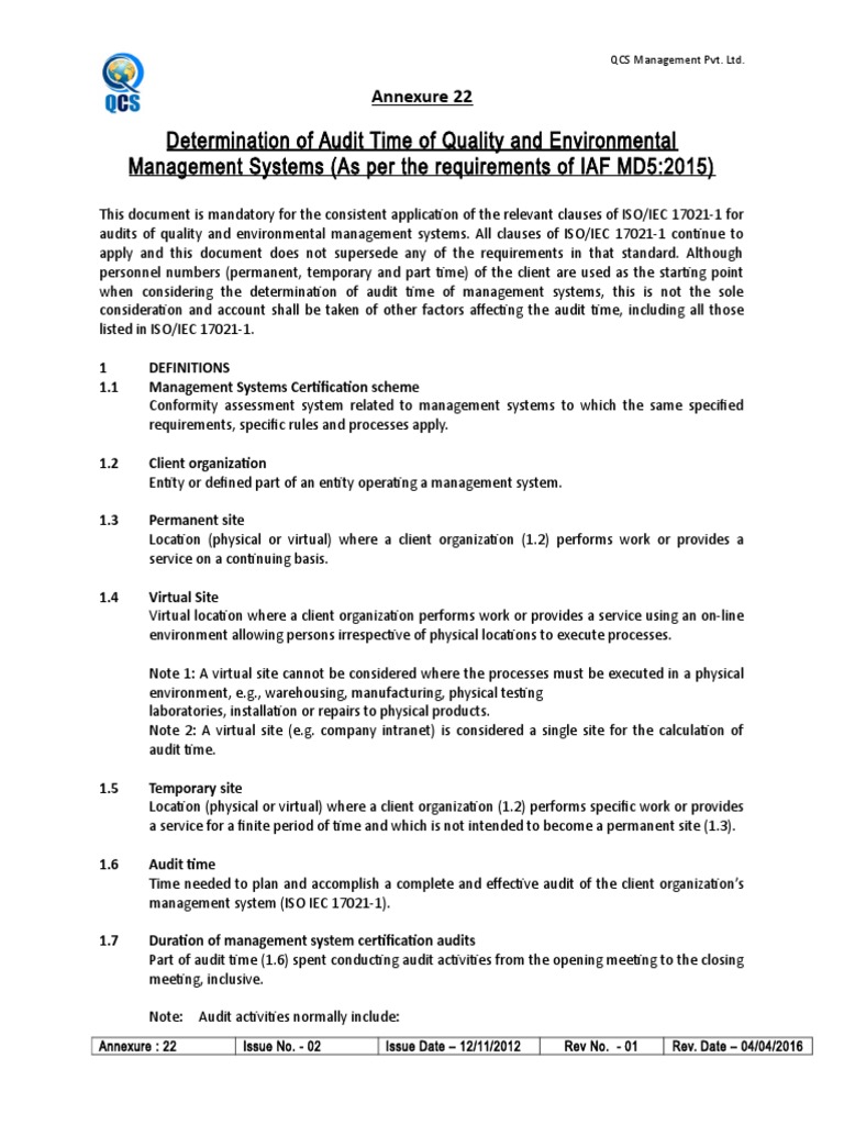 Annex 22 - Determination of Audit Time - QMS & EMS | PDF | Employment ...