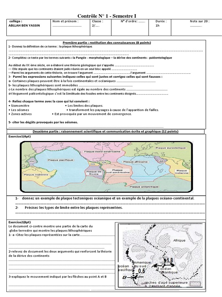 Evaluation Devoirs Sur Tectonique Des Plaques Contrôle N 1 2 AS | PDF | Tectonique des plaques | Environnement naturel  mondial