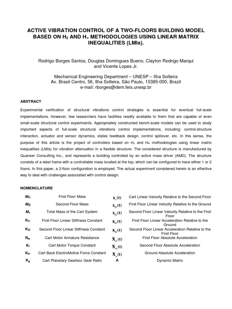Active Vibration Control of A Two-Floors Building Model Based On H and ...