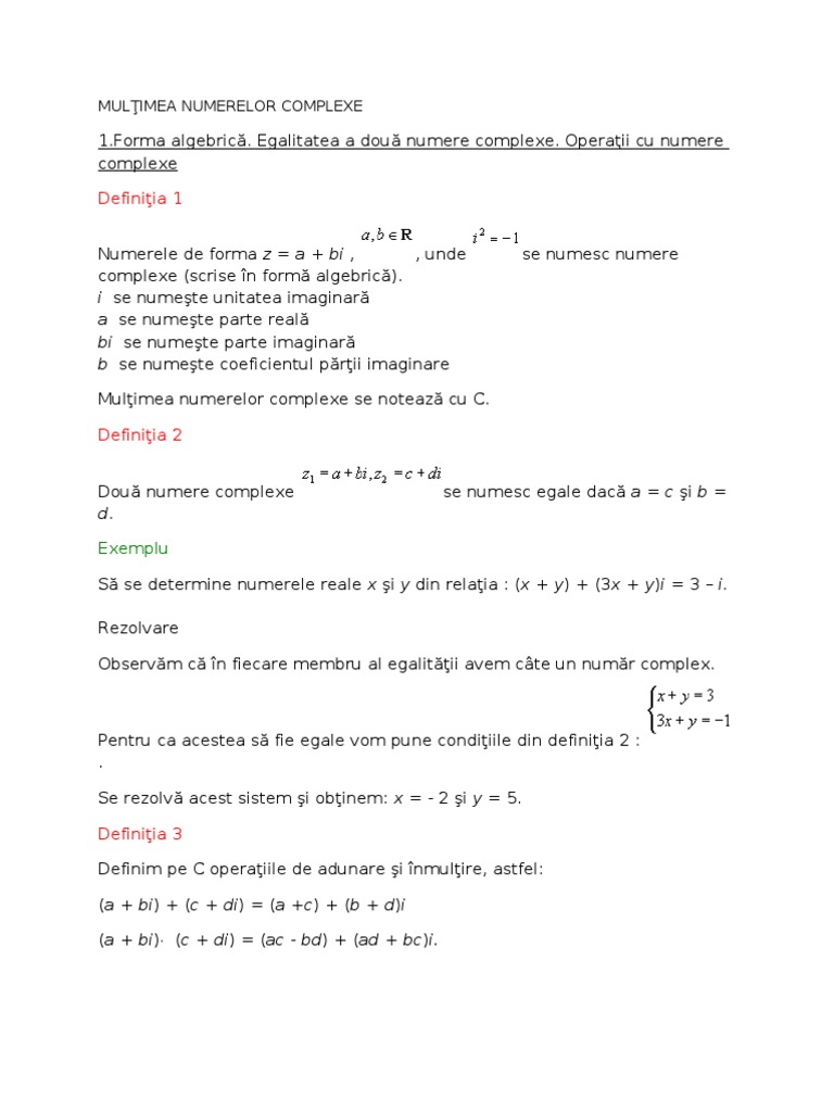 Numere Complexe (Forma Algebrica Si Geometric A | PDF