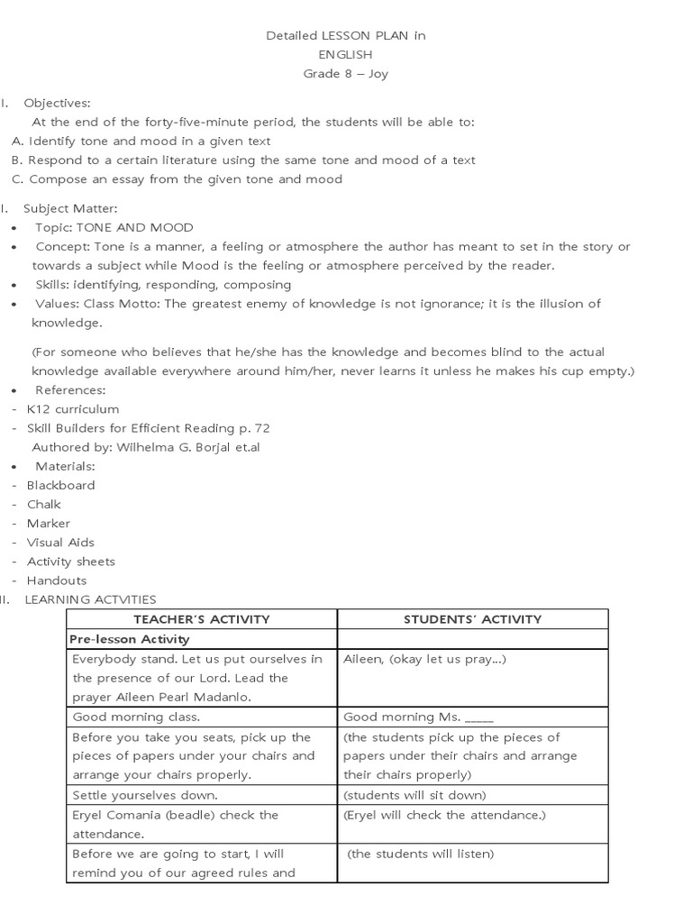 Detailed LESSON PLAN in Tone and Mood | Download Free PDF | Corazon Aquino