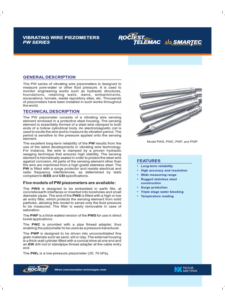 PW Series Vibrating Wire Piezometers | PDF | Wire | Pipe (Fluid Conveyance)