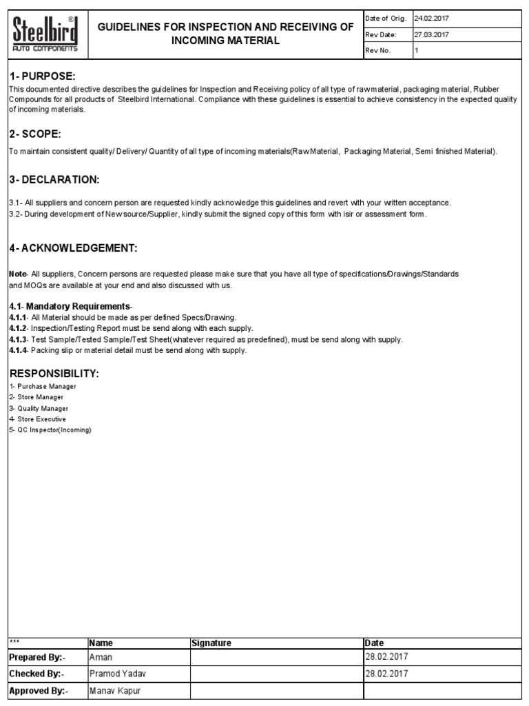 Incoming Material Inspection Guidelines | PDF | Specification ...