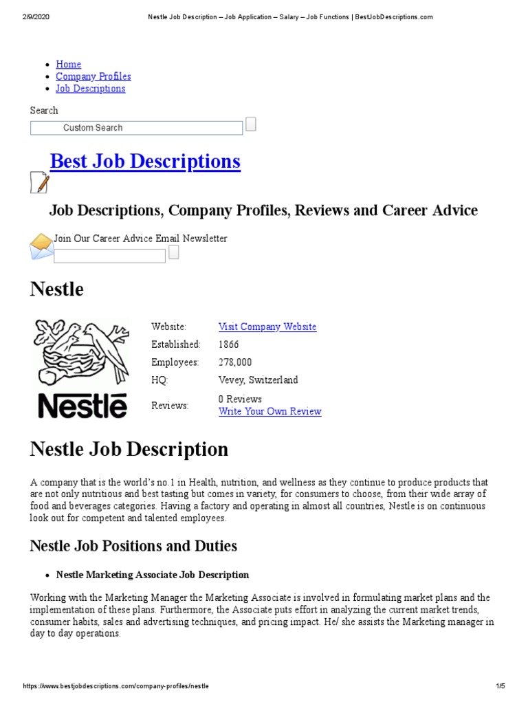 Nestle Job Description Job Application Salary Job Functions PDF Nestlé Retail