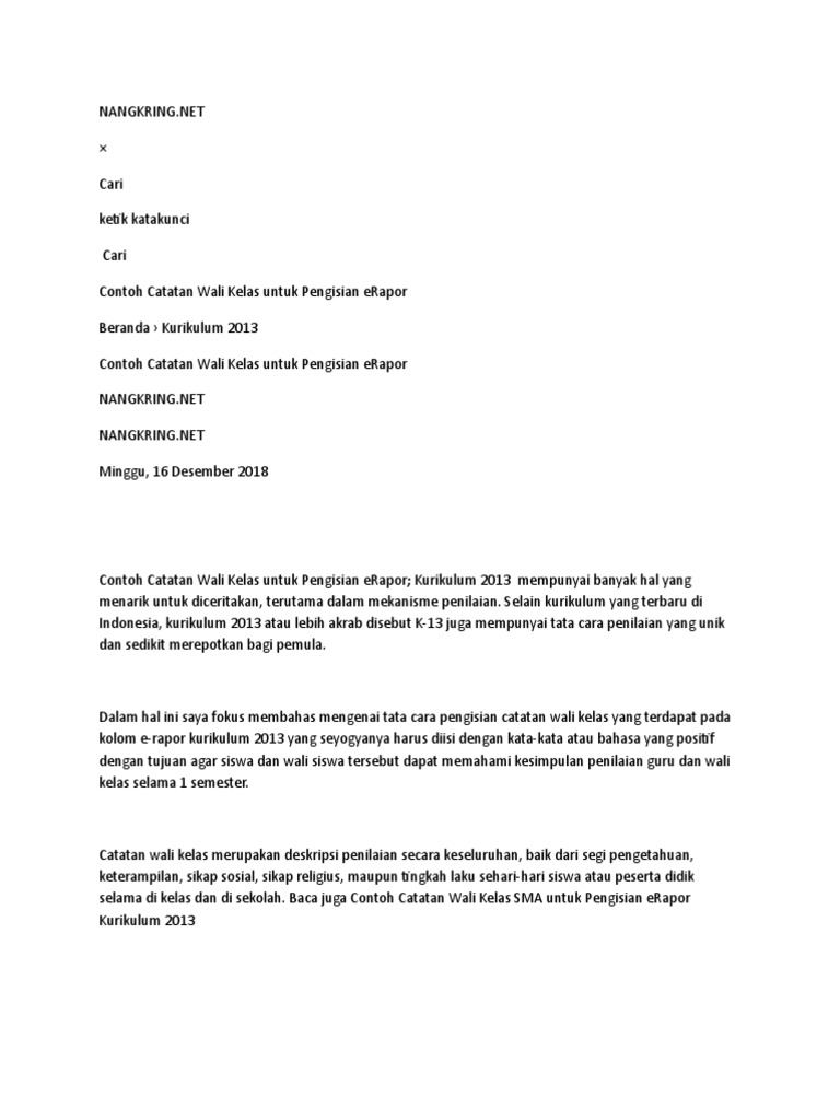 Catatan Wali Kelas Di Raport Sma Kurikulum 2013 Download File Guru