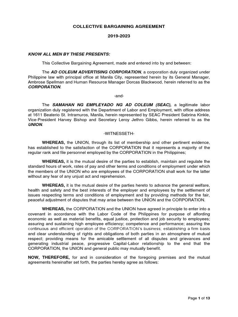 Collective Bargaining Agreement Outlines Terms of Employment and