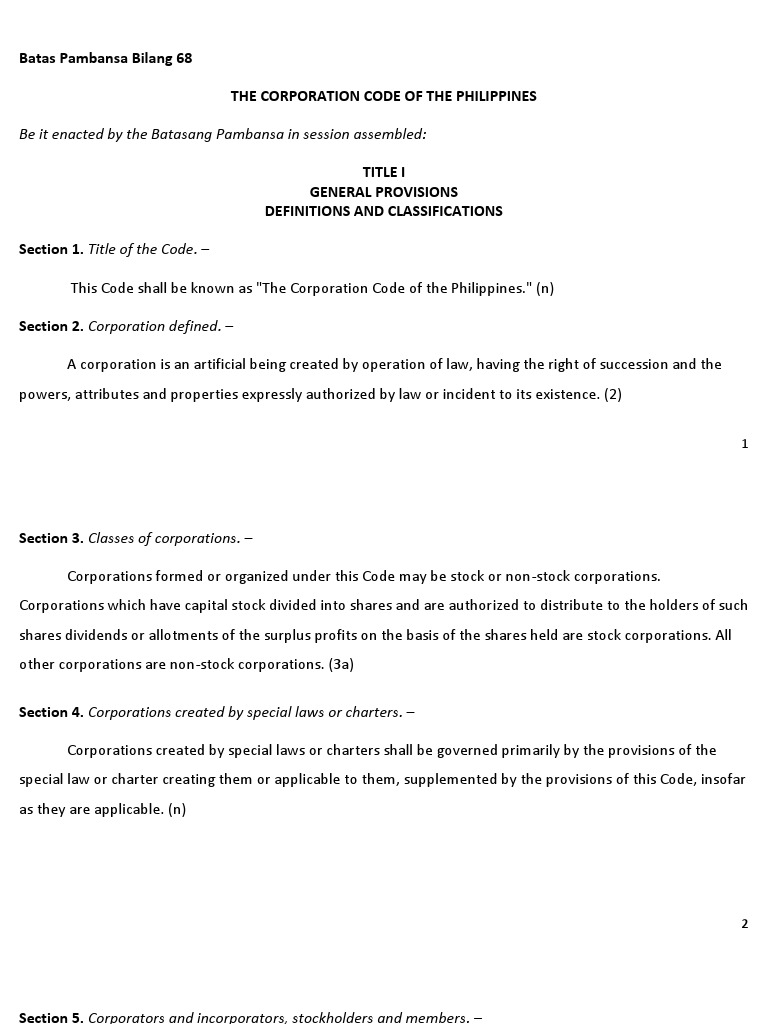 Batas Pambansa blg.68 1980 | PDF | Corporations | Preferred Stock