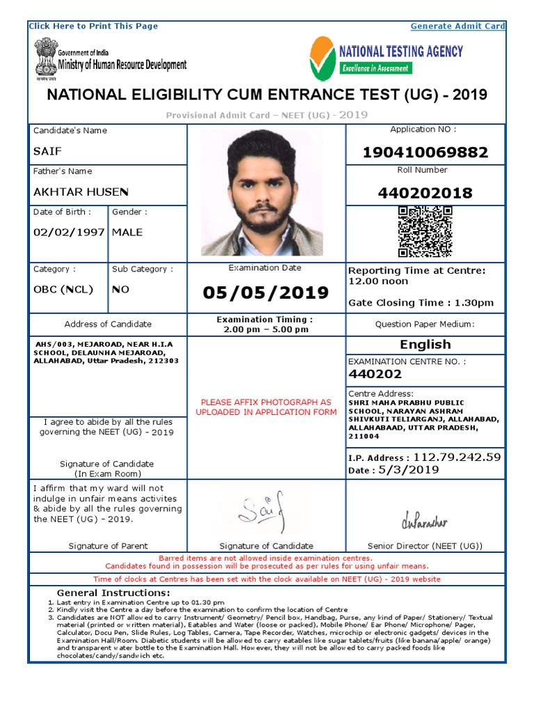 Admit Card NEET PDF