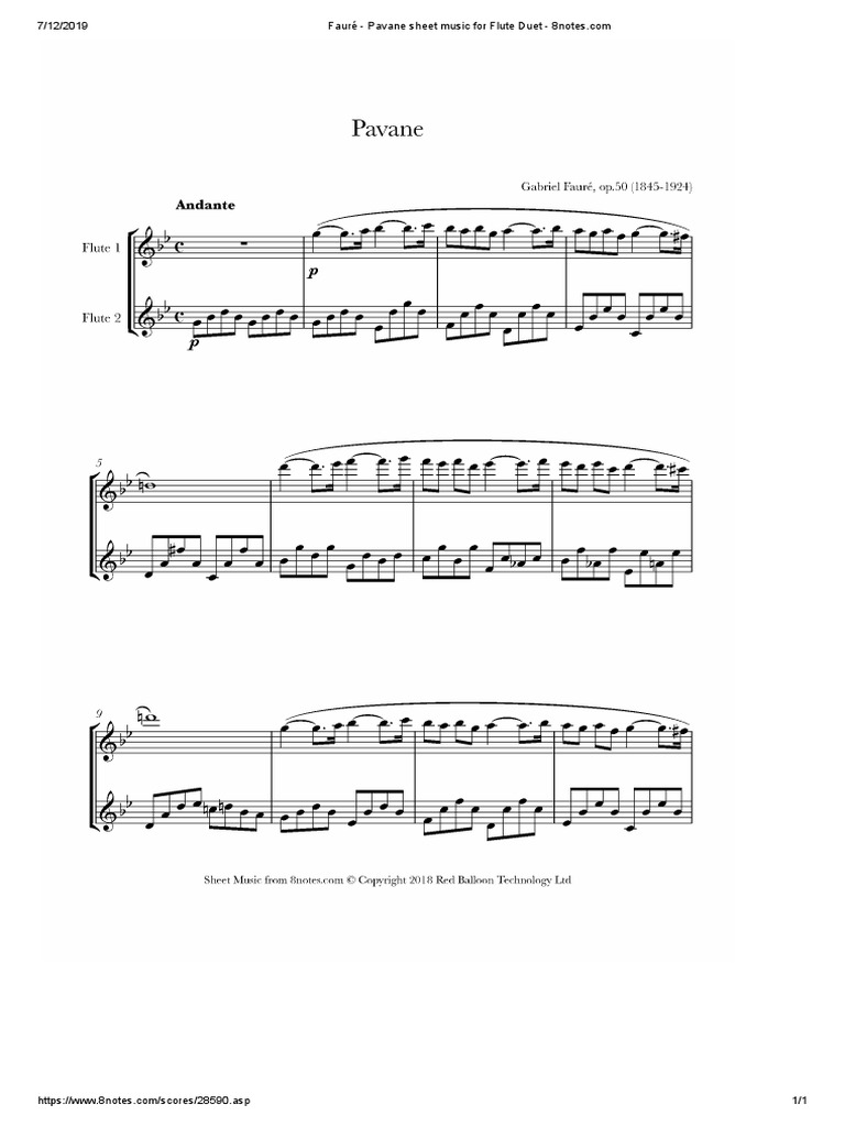 Fauré Pavane Sheet Music For Flute Duet PDF