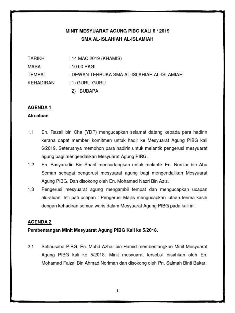 Minit Mesyuarat Agung Pibg Kali 6 2019 Telah Disemak Pdf