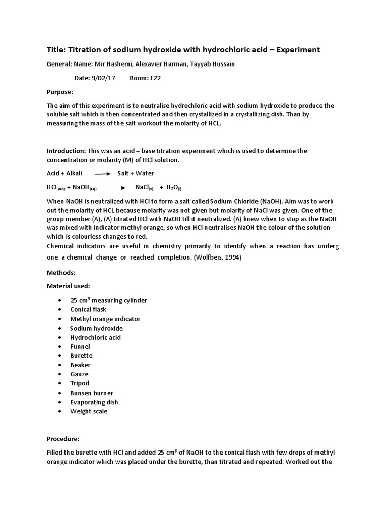 Titration of Sodium Hydroxide With Hydrochloric Acid | PDF | Sodium ...